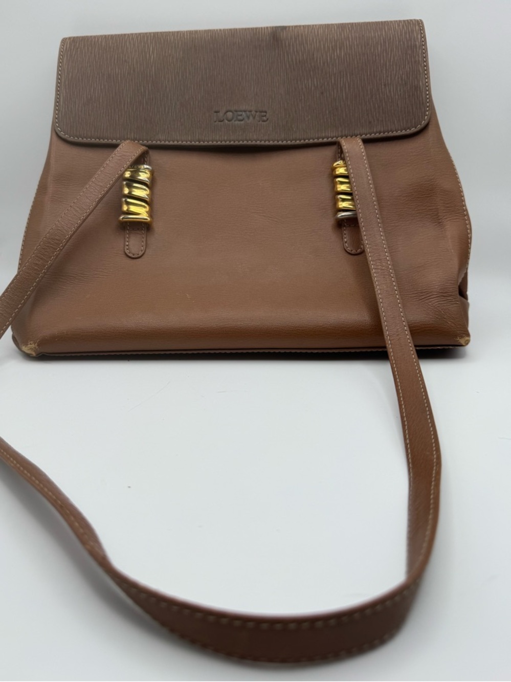 Loewe Velazquez Vintage Brown Leather Shoulder Bag Gold Coil Hardware Spain